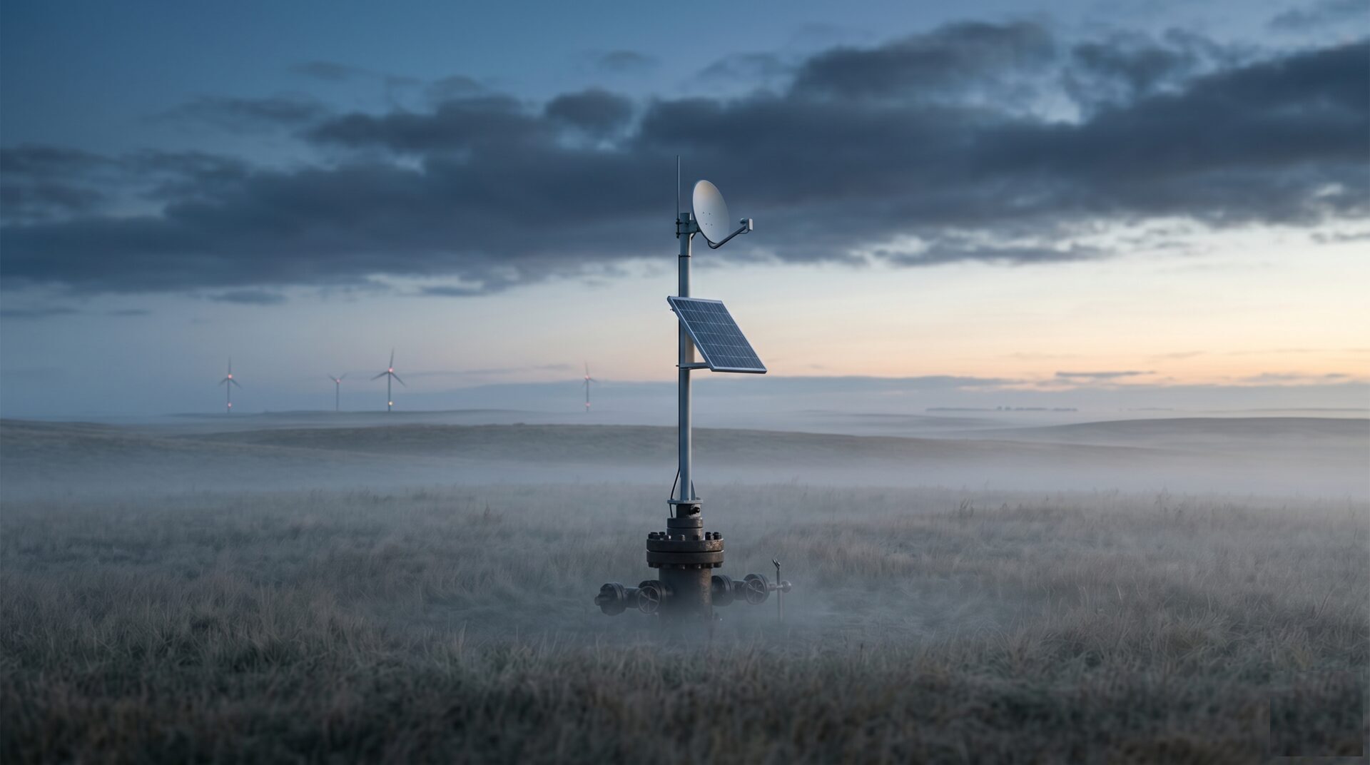 An end-of-life onshore well pad repurposed with an autonomous monitoring mast at dawn