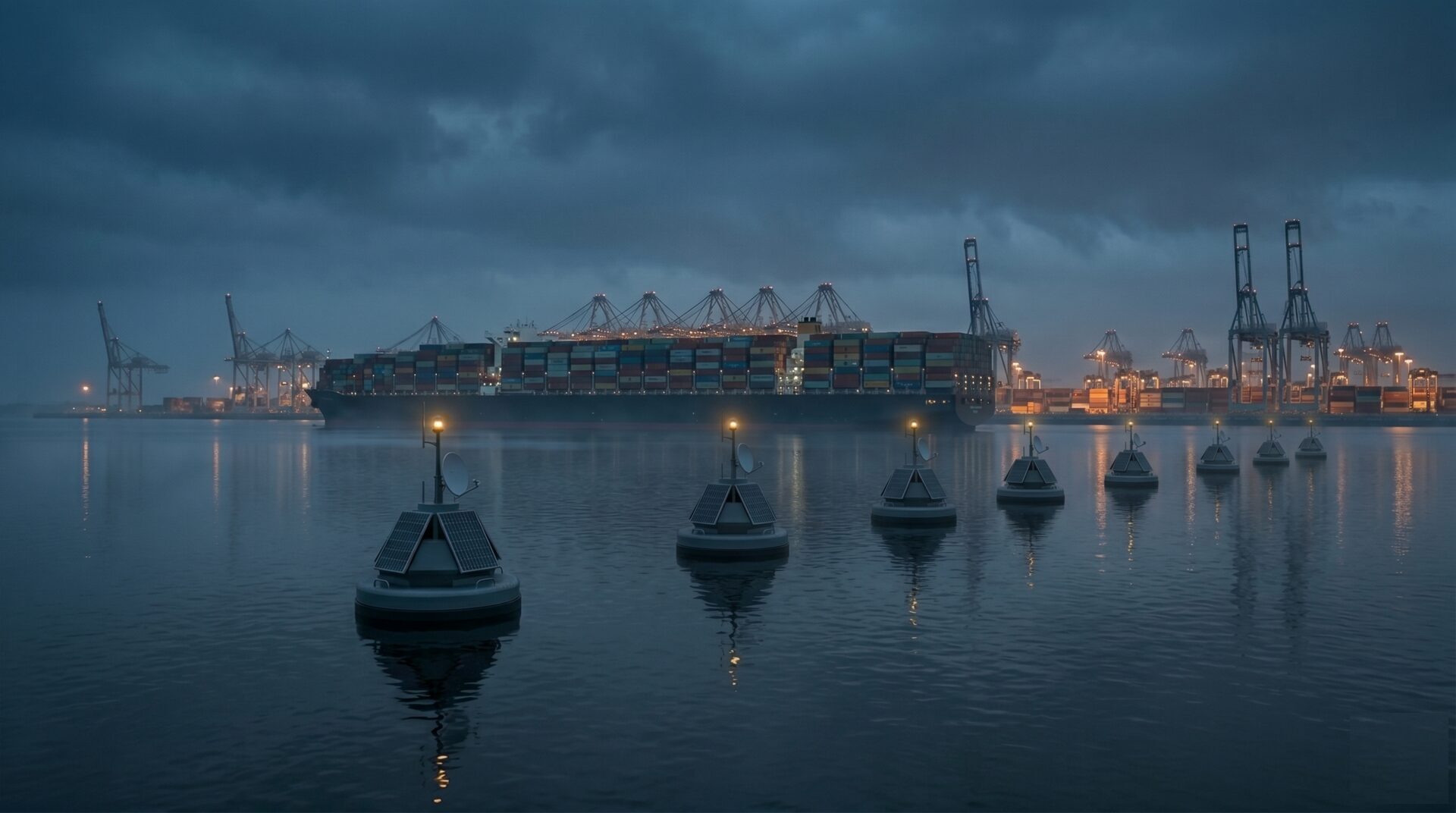 A grid of autonomous smart buoys guarding the approach to a container port at blue hour