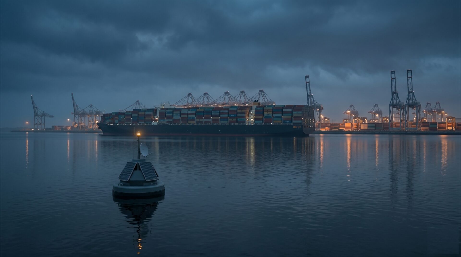 An autonomous smart buoy on the water in front of a container ship and a large container terminal at dusk